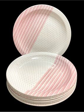 Vintage 1960s Pink Shades Churchill Dinner Plates (7) Pink & White Stripes Dots